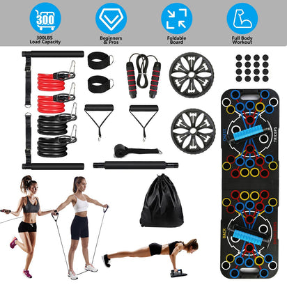 Multifunctional Push Up Board Home Strength Training Equipment With 15 Fitness Accessories Pilates Bar Resistance Band Roller Wheel Full Body Workout Home Gym Equipment