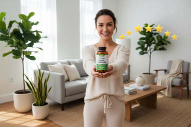image of a woman holding this product ; 15 Day Bowel Cleansing with star review in her living room
